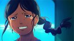  1girl blue_eyes braid codename:_kids_next_door commentary_request crying crying_with_eyes_open dark-skinned_female dark_skin day duplicate earrings jewelry looking_at_viewer no_headwear numbuh_5 parted_lips pixel-perfect_duplicate sky smile solo t_k_g teardrop tears 