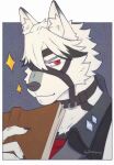  1boy animal_ears artist_name ascot book claws closed_mouth colored_tips english_commentary eyepatch furry furry_male highres holding holding_book looking_at_viewer male_focus multicolored_hair one_eye_covered open_book red_ascot smile sparkle treefurry upper_body von_lycaon wolf_boy wolf_ears zenless_zone_zero 