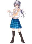  1girl blue_skirt boots brown_boots brown_shoes cardigan full_body girlfriend_(kari) grey_hair jewelry looking_at_viewer official_art pendant plaid_clothes plaid_skirt pleated_skirt purple_eyes qp:flapper school_uniform shirt shoes simple_background skirt solo transparent_background white_shirt yellow_cardigan yukikaze_maya 