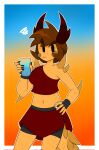  agamid brown_hair clothing colored container cup digital_drawing_(artwork) digital_media_(artwork) female freckles glass glass_container glass_cup gradient_background hair hand_on_hip hi_res lizard navel reptile rex_santos scalie simple_background solo standing thorny_devil water yellow_body 