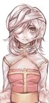  1girl arch_bishop_(ragnarok_online) bangs bruise bruise_on_face bruised_eye buubuu_(loli69) chinese_commentary cleavage_cutout closed_mouth clothing_cutout commentary_request dress eyepatch frown green_eyes hair_between_eyes injury looking_at_viewer medical_eyepatch medium_hair ragnarok_online red_dress simple_background solo two-tone_dress upper_body white_background white_dress white_hair 