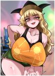  1girl adapted_costume bare_shoulders black_hat blonde_hair blurry blurry_background blush breasts cleavage collarbone cowboy_shot english_commentary eyelashes fingernails green_shorts hand_on_own_hip hand_on_own_thigh hat highres huge_breasts leaning_forward legs_together long_hair looking_at_viewer matara_okina messy_hair mole mole_on_cheek mole_on_shoulder mole_on_thigh open_mouth raised_eyebrow seireiart short_shorts shorts smile solo tank_top teeth thick_thighs thighs touhou twitching uneven_eyes upper_teeth_only yellow_eyes yellow_tank_top 