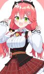  1girl :d absurdres ahoge bare_shoulders black_corset black_hat blush collared_shirt commentary_request corset cowboy_shot detached_sleeves dot_nose frilled_skirt frills green_eyes hair_ornament hat highres hololive kaie long_hair long_sleeves looking_at_viewer low_twintails open_mouth pink_hair plaid_clothes plaid_skirt pleated_skirt red_skirt sakura_miko shirt simple_background skirt sleeveless sleeveless_shirt smile solo twintails virtual_youtuber white_background white_shirt white_sleeves 