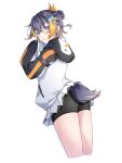  1girl :o animal_hood ass bike_shorts black_hair black_shorts blonde_hair blue_eyes blush english_commentary folded_ponytail from_behind good_ass_day hood looking_at_viewer looking_back multicolored_hair nijisanji nijisanji_en oekakissaerizoh penguin_hood penguin_tail petra_gurin petra_gurin_(1st_costume) short_hair shorts simple_background sleeves_past_fingers sleeves_past_wrists solo streaked_hair tail virtual_youtuber white_background 