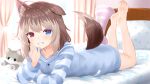  1girl absurdres animal_ear_fluff animal_ears arm_support barefoot bed blue_eyes bone-shaped_pillow brown_hair curtains dog_ears dog_girl dog_tail fluffy_clothes full_body hasuki_rui heterochromia highres hood hood_down hoodie indie_virtual_youtuber indoors long_sleeves looking_at_viewer loungewear lying medium_hair multicolored_hair on_bed on_stomach paashe paw_print pillow red_eyes single_ear_down stuffed_animal stuffed_dog stuffed_toy tail two-tone_hair virtual_youtuber window 