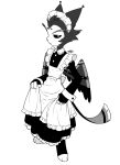 absurd_res anthro clothed clothing crossdressing demon domestic_cat enaic31 feathered_wings feathers felid feline felis hazbin_hotel hellaverse hi_res husk_(hazbin_hotel) maid_headdress maid_uniform male mammal monochrome simple_background solo uniform white_background wings