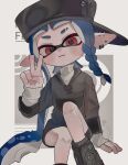 1girl :d absurdres black_boots black_hat black_hoodie boots border closed_mouth ear_piercing earrings eyebrow_cut fegrqzf grey_background hat highres hood hoodie inkling inkling_girl inkling_player_character jewelry long_hair looking_at_viewer outside_border piercing pointy_ears red_eyes sideways_hat sitting sleeves_past_wrists smile solo splatoon_(series) splatoon_3 sweater tentacle_hair v very_long_hair white_border white_sweater 