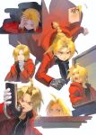  6+boys ahoge amputee black_pants black_shirt blonde_hair braid braided_ponytail clone collared_shirt counter edward_elric facing_to_the_side floating_jacket frown fullmetal_alchemist gloves guaner_cancan hair_intakes hand_on_own_chin hand_on_own_head highres holding hood hood_down hooded_jacket industrial_pipe jacket layered_shirt long_hair long_sleeves looking_at_object looking_at_viewer looking_to_the_side male_focus multiple_boys multiple_expressions open_clothes open_jacket open_mouth open_shirt pants parted_lips peeking prosthesis prosthetic_arm red_jacket running shirt sidelocks simple_background single_braid single_glove striped_clothes striped_shirt surprised vertical-striped_clothes vertical-striped_shirt white_background white_gloves yellow_eyes 