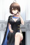  1girl ahoge asymmetrical_clothes azur_lane baltimore_(azur_lane) baltimore_(evening_breeze_minuet)_(azur_lane) bangs black_cape black_choker black_dress blue_nails breasts brown_hair cape chinese_commentary choker cleavage closed_mouth commentary_request covered_navel dress evening_gown feet_out_of_frame hair_between_eyes hand_up highres indoors large_breasts looking_at_viewer manjuu_(azur_lane) nail_polish official_alternate_costume on_stool qing_wu short_hair shoulder_cape side_slit sidelocks single-shoulder_dress single_bare_shoulder sitting solo stool striped_cape thighs two-tone_cape yellow_eyes 