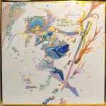  1girl absurdres air_bubble armlet artist_name bare_shoulders belt belt_buckle blue_belt blue_boots blue_eyes blue_gemstone blue_hair blue_shirt blue_skirt blue_sleeves boots bubble buckle circle_skirt closed_mouth clothing_cutout detached_sleeves expressionless eyelashes floating floating_cape floating_clothes floating_hair fortissimo frilled_shirt_collar frills full_body gem gloves gold_buckle hair_between_eyes hair_ornament hairclip high_heel_boots high_heels highres holding holding_sword holding_weapon jewelry long_sleeves looking_ahead magical_girl mahou_shoujo_madoka_magica mahou_shoujo_madoka_magica_(anime) miki_sayaka miniskirt musical_note musical_note_hair_ornament pleated_skirt pointy_nose riko-m shirt short_hair skirt solo stomach_cutout stomach_jewel strapless strapless_shirt sword thank_you thigh_belt thigh_strap thighhighs traditional_media two-tone_shirt weapon white_background white_gloves white_shirt white_thighhighs 