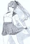  1girl bra clothes_lift commentary_request cowboy_shot double-parted_bangs drop_shadow expressionless graphite_(medium) greyscale hair_between_eyes hair_ribbon highres lifting_own_clothes long_bangs long_hair looking_at_viewer meeya monochrome navel open_clothes open_shirt original pleated_skirt ponytail ribbon sailor_collar school_uniform serafuku shirt short_sleeves skirt skirt_lift solo stomach traditional_media underwear 