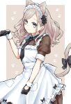  1girl :3 absurdres animal_ears apron black_gloves black_necktie blue_eyes border breasts brown_background brown_dress cat_ears cat_girl cat_tail ceras_yanagida_lilienfeld closed_mouth clothing_cutout commentary cowboy_shot dress frilled_apron frills glove_cutout gloves grey_hair highres kemonomimi_mode link!_like!_love_live! long_hair looking_at_viewer love_live! maid maid_apron maid_headdress medium_breasts mendo_(mend0o0) necktie nyan_nyan_nyan_fair_in_gamers official_alternate_costume outside_border paw_print paw_print_background pocket puffy_short_sleeves puffy_sleeves short_sleeves solo tail virtual_youtuber white_apron white_border white_wrist_cuffs wrist_cuffs 