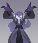  1girl @_@ absurdres arms_up bags_under_eyes black_ribbon blue_outline breasts colored_skin commission dress earrings fewer_digits from_below fusion gardevoir grey_background hair_between_eyes hex_maniac_(pokemon) hex_maniac_(pokemon_legends:_z-a) highres jewelry juliet_sleeves lipstick long_dress long_hair long_sleeves looking_at_viewer makeup medium_breasts multicolored_skin neck_ribbon outline outstretched_arms parted_lips pokemon pokemon_(creature) pokemon_legends:_z-a puffy_sleeves purple_dress purple_eyes purple_hair purple_lips purple_skin ribbon sash sidelocks simple_background solo spread_fingers standing straight-on telosturntable two-tone_skin white_skin wide-eyed wide_sleeves 