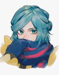  1boy androgynous aqua_eyes aqua_hair blue_mittens blue_scarf covered_mouth grusha_(pokemon) hand_up highres itou_(very_ito) jacket long_sleeves looking_at_viewer male_focus mittens pink_scarf pokemon pokemon_sv portrait scarf scarf_over_mouth solo two-tone_scarf white_background yellow_jacket 