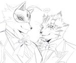  ahoge anthro bow_tie bust_portrait canid canine clothing duo felid fox hair izm_rm7 leopard lifewonders live-a-hero male mammal mask necktie ose_(tas) pantherine phantom_thief portrait sketch suit tokyo_afterschool_summoners video_games vulpecula 