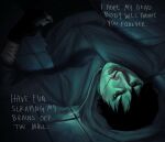  1boy black_eyes black_hair blood cry_of_fear dim_lighting english_text grey_hoodie highres hood hood_up hoodie lying male_focus maulingtheworld nosebleed on_back on_ground outstretched_arms short_hair simon_henriksson solo source_quote tile_floor tiles 