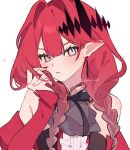  1girl alternate_hairstyle arm_up ascot baobhan_sith_(fate) baobhan_sith_(first_ascension)_(fate) bare_shoulders black_ascot blush braid center_frills closed_mouth commentary_request detached_sleeves earrings fate/grand_order fate_(series) fingernails frills grey_eyes hair_ornament highres holding holding_own_hair jewelry long_fingernails low_twin_braids nail_polish neko_(h_i05) pointy_ears red_hair red_nails simple_background solo twin_braids twitter_username white_background 