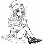  1girl bangle bangs beanie bracelet breasts buubuu_(loli69) chinese_commentary closed_mouth commentary_request crossed_legs detached_sleeves dress expressionless full_body fur_collar greyscale hat head_fins jewelry looking_at_viewer monochrome parted_bangs ragnarok_online sandals short_hair side_slit simple_background sitting sleeveless sleeveless_dress small_breasts snowysnow_(ragnarok_online) solo sorcerer_(ragnarok_online) 