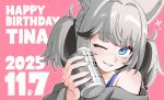  1girl absurdres alcohol animal_ears asahi_breweries beer beer_can black_hair blue_eyes can character_name commentary_request dated dog_ears dog_girl drink_can grey_hair grey_shirt grin happy_birthday highres holding holding_can itsumeee3 kmnz medium_hair multicolored_hair off_shoulder one_eye_closed outline paw_print pink_background portrait shirt simple_background smile solo tina_(kmnz) twintails two-tone_hair virtual_youtuber white_outline 