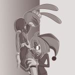 1:1 4_fingers absurd_res against_surface against_wall animal_genitalia animal_penis anthro bedroom_eyes blush blush_lines bodily_fluids bottomwear breasts clothed clothing clothing_lift drooling duo erection female fingers genitals glitch_productions gloves handwear heart_symbol hi_res humanoid jax_(tadc) kinktober kinktober_2025 knot knotted_penis lagomorph lagomorph_penis leporid looking_pleasured maid_headdress maid_uniform male male/female mammal motion_lines narrowed_eyes oral oral_penetration penetration penis pomni_(tadc) rabbit saliva screaming_alice seductive skirt skirt_lift standing suit the_amazing_digital_circus uniform