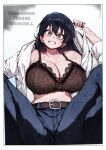  1girl arato_nagi artist_name belt black_hair bluecup border bra breasts cleavage clenched_teeth collared_shirt commentary denim earrings grey_eyes highres jewelry lace lace_bra large_breasts long_hair mixed-language_commentary navel open_clothes open_shirt ruri_no_houseki shirt sitting solo spread_legs teeth underwear white_border white_shirt 