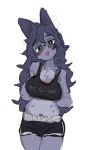 2025 anthro blue_body blue_ears blue_eyebrows blue_fur blue_hair bodily_fluids bottomwear bra breasts canid canine canis clothed clothed_anthro clothed_female clothing countershade_fur countershade_torso countershading digital_drawing_(artwork) digital_media_(artwork) domestic_dog english_description eyebrows female female_anthro fur hair hands_behind_back hi_res long_hair mammal mini_(puppy_in_space) navel portrait puppy_in_space shorts solo sports_bra stink_fumes stink_lines sweat thick_eyebrows three-quarter_portrait tongue tongue_out underwear