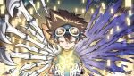  1boy akamine_naoki bangs blue_shirt brown_hair closed_eyes digimon digimon_adventure gloves goggles goggles_on_head gradient gradient_background hands_up highres ishida_yamato male_focus metalgreymon mismatched_wings parted_lips shiny shiny_hair shirt short_sleeves skeletal_wings skullgreymon solo teeth torn_wings upper_body white_gloves wings 