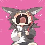  1girl animal_ear_fluff animal_ears black_hair black_hoodie black_shorts blush choker cocomayo29_(tomato) commentary controller fang game_controller hair_between_eyes hair_ornament hairclip highres holding holding_controller holding_game_controller hololive hood hoodie long_hair looking_at_viewer motion_lines multicolored_hair ookami_mio open_mouth panicking paw_print pink_background red_choker red_hair screaming shorts simple_background sitting snot solo streaked_hair tears tongue two-tone_hoodie virtual_youtuber white_hoodie wolf_ears wolf_girl yellow_eyes 