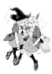  2girls :d absurdres artist_name blush book book_stack bow braid cloak closed_eyes english_commentary enna_alouette fang full_body greyscale hair_between_eyes hair_bow hat head_wings highres holding holding_wand invisible_chair kneehighs long_hair long_sleeves looking_at_another low_twin_braids medium_hair millie_parfait monochrome multiple_girls nijisanji nijisanji_en papu_yuyu scroll sitting sleeves_past_wrists smile socks sparkle twin_braids twitter_username virtual_youtuber wand wings witch_hat 