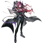  1girl ankle_boots arknights arm_up ascalon_(arknights) belt black_belt black_gloves black_leggings blue_boots blue_skirt boots breasts cenm0 cleavage closed_mouth collared_shirt demon_horns demon_tail expressionless floating_clothes floating_hair full_body gloves gradient_hair gradient_horns hair_intakes high-waist_skirt hood horns juliet_sleeves leggings legs_apart long_hair long_sleeves looking_at_viewer multicolored_hair multicolored_horns multiple_belts official_art open_collar pencil_skirt pink_eyes pink_hair pointy_ears popped_collar pouch puffy_sleeves purple_hair purple_horns purple_shirt purple_tail red_hair removing_hood serious shirt simple_background skirt sleeveless sleeveless_shirt solo standing tachi-e tail teardrop_facial_mark third-party_source transparent_background underbust very_long_hair 