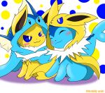 2022 :3 ambiguous_feral ambiguous_gender ambilly_aniki artist_name big_tail blue_body blue_skin blush blush_lines circle_background clothing colored cosplay costume digital_media_(artwork) duo eeveelution eyes_closed feral fur generation_1_pokemon hi_res jolteon mammal marine nintendo pokemon pokemon_(species) romantic romantic_couple shaded simple_shading sitting tail text vaporeon yellow_body yellow_fur