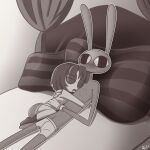 1:1 4_fingers anthro bed bite_mark blush bodily_fluids bottomwear boxer_briefs boxer_briefs_only clothed clothing cross-eyed cuddling drooling duo eyes_closed female fingers flustered furniture glitch_productions hi_res hug humanoid jax_(tadc) kinktober kinktober_2025 lagomorph leporid lying lying_on_bed male mammal mouthless on_bed pomni_(tadc) rabbit saliva screaming_alice shorts sleeping the_amazing_digital_circus topless topless_female underwear underwear_only