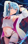  1girl :o armpits arms_up bare_shoulders bikini bikini_bottom_only black_bikini blue_eyes blue_hair blush bow bowtie cowboy_shot hatsune_miku highres jacket long_hair looking_at_viewer multi-strapped_bikini navel off_shoulder open_clothes open_jacket parted_lips red_bow red_bowtie rerendi shirt skindentation solo stomach swimsuit thigh_strap twintails very_long_hair vocaloid white_jacket white_shirt 