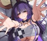  1girl a_fangfang_fang_fang absurdres animal_ears azur_lane bangs blush breasts character_name checkered_clothes cleavage foreshortening fox_ears fox_tail from_above grin hair_ornament hairclip heart heart-shaped_pupils highres huge_breasts jewelry long_hair looking_at_viewer lying magatama magatama_necklace musashi_(azur_lane) necklace on_back outstretched_arms purple_hair race_queen sidelocks smile solo strapless symbol-shaped_pupils tail tube_top underboob upper_body yellow_eyes 