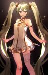  1girl absurdres armlet bare_shoulders black_background brown_eyes closed_mouth dress gold_bowtie gold_choker gold_trim gramophone_miku green_hair hair_ornament hatsune_miku highres long_hair miku_symphony_(vocaloid) see-through see-through_dress single_thighhigh smile solo sparkle strapless strapless_dress tananuki thighhighs thighlet twintails very_long_hair vocaloid white_dress white_thighhighs 