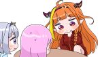 3girls :d ahoge amane_kanata blonde_hair blue_hair blue_shirt blush_stickers braid chibi closed_mouth dragon_horns grey_hair hairband halo highres hololive horns jacket kiryu_coco kiryu_coco_(loungewear) long_hair long_sleeves minato_aqua mochimiko multicolored_hair multiple_girls orange_hair pink_hair puffy_long_sleeves puffy_sleeves purple_eyes purple_hairband red_eyes red_jacket shirt simple_background single_hair_intake smile streaked_hair table track_jacket very_long_hair virtual_youtuber white_background 