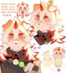  1boy apizbau arknights artist_name blush chibi chibi_inset colored_tips dango english_commentary english_text flower food furry furry_male highres holding holding_skewer horns hung_(arknights) komainu_boy komainu_ears komainu_tail long_tongue looking_at_food looking_at_viewer male_focus multicolored_hair multiple_girls one_eye_closed sanshoku_dango single_horn skewer star_(symbol) tongue tongue_out wagashi white_background 