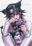  1boy :d artist_name bangs black_hair black_headwear black_scarf blush buttons candy checkered_clothes checkered_scarf commentary danganronpa_(series) danganronpa_v3:_killing_harmony demon_tail feet_out_of_frame food grey_jacket grey_pants hair_between_eyes highres holding holding_candy holding_food holding_lollipop jacket kuromi lollipop long_sleeves male_focus multicolored_hair onegai_my_melody open_mouth ouma_kokichi pants pink_eyes pink_hair scarf simple_background sitting smile solo tail teeth two-tone_hair two-tone_scarf upper_teeth white_background white_scarf yumezu_(yu_me_zu) 