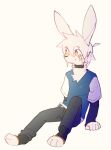 2022 5_fingers adhesive_bandage anthro axy_(axy_usagi) axy_usagi blush chest_tuft clothed clothing digital_media_(artwork) fingers fully_clothed hair lagomorph leporid male mammal rabbit rabbit_ears simple_background sitting sitting_on_ground smile solo tuft