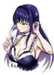  1girl adjusting_hair blue_dress blue_hair bone_hair_ornament breasts choker cleavage collarbone commentary_request cropped_torso dress food food_on_body food_on_breasts frilled_choker frills hair_ornament hands_up holding holding_food holding_popsicle kushima_kamome large_breasts licking long_hair melting_popsicle popsicle simple_background skull_and_crossbones skull_hair_ornament sleeveless sleeveless_dress solo straight_hair summer_pockets upper_body white_background yellow_eyes zenoo 