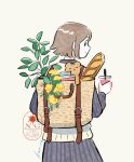  1girl backpack bag baguette black_dress black_eyes book bread brown_hair closed_mouth collared_dress cowboy_shot cup disposable_cup dress drink drinking_straw food from_behind gesooo_4 highres holding holding_cup loaf_of_bread looking_back original short_hair sidelocks simple_background smile solo standing stuffed_animal stuffed_toy sweater_vest teddy_bear white_background 