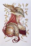  1girl artist_name closed_mouth commentary covered_eyes elden_ring english_commentary from_side helmet highres liuyuart malenia_blade_of_miquella red_hair scar signature solo traditional_media upper_body visor_(armor) wavy_hair white_background winged_helmet 