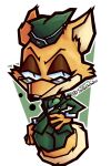 2:3 anthro black_nose canid canine clothed clothing eyebrows eyelashes eyeshadow eyewear female fox fox_tail fur glasses hat headgear headwear hi_res lt._fox_vixen makeup mammal military_uniform sek_studio simple_background smellslikebuter snout solo squirrel_and_hedgehog tail uniform white_background yellow_body yellow_fur