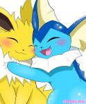 2022 :3 ambiguous_feral ambiguous_gender ambilly_aniki artist_name blue_body blue_skin blush blush_lines colored digital_media_(artwork) duo ear_fins eeveelution eyes_closed feral fin fur generation_1_pokemon happy head_fin hi_res hug jolteon mammal marine nintendo pokemon pokemon_(species) romantic romantic_couple shaded simple_background simple_shading text vaporeon white_background yellow_body yellow_fur