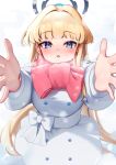  1girl absurdres alternate_costume blonde_hair blue_archive blue_halo blunt_bangs blush embarrassed halo highres long_hair looking_at_viewer open_mouth outstretched_arm outstretched_arms pov red_scarf sakurahuji-iro scarf simple_background snowing solo toki_(blue_archive) very_long_hair white_background winter_clothes 