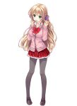  1girl black_pantyhose blonde_hair bow bowtie breasts brown_shoes candy cardigan food full_body girlfriend_(kari) green_eyes holding holding_candy holding_food holding_own_hair large_breasts loafers long_hair miniskirt mochizuki_erena official_art pantyhose pink_cardigan plaid_clothes plaid_skirt pleated_skirt qp:flapper red_bow red_bowtie red_skirt school_uniform shirt shoes simple_background skirt solo thighs transparent_background white_shirt 