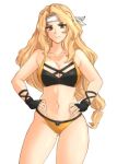  1girl absurdres alternate_costume ass_visible_through_thighs bandana bikini black_bikini blonde_hair breasts brigid_(fire_emblem) cleavage fingerless_gloves fire_emblem fire_emblem:_genealogy_of_the_holy_war gloves hands_on_hips highres large_breasts long_hair looking_at_viewer solo standing swimsuit thighs tridisart two-tone_bikini yellow_bikini 