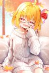  1girl :d ahoge alternate_costume aran_sweater bespectacled black-framed_eyewear blonde_hair cable_knit commentary_request cowboy_shot dress fang glasses hair_ribbon half-closed_eyes hand_up indoors leaf light_blush long_sleeves looking_at_viewer maple_leaf narrowed_eyes open_mouth red_ribbon ribbon rumia sakuyabm short_hair sitting skin_fang sleeves_past_wrists smile solo sweater sweater_dress touhou watermark white_sweater 