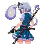  1girl absurdres black_bow black_bowtie black_gloves black_hairband blue_eyes blush bow bowtie commentary cowboy_shot frilled_skirt frills from_behind ghost gloves green_skirt green_vest grey_hair hairband highres hitodama hitodama_print holding holding_sword holding_weapon katana konpaku_youmu konpaku_youmu_(ghost) looking_at_viewer looking_back multiple_swords pioartstuff puffy_short_sleeves puffy_sleeves scabbard sheath sheathed shirt short_hair short_sleeves sideways_glance skirt skirt_set solo standing sword touhou transparent_background triangular_headpiece vest wakizashi weapon white_hair white_shirt 