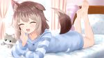  1girl :d ^_^ absurdres animal_ear_fluff animal_ears arm_support barefoot bed bone-shaped_pillow brown_hair closed_eyes curtains dog_ears dog_girl dog_tail fangs fluffy_clothes full_body hasuki_rui highres hood hood_down hoodie indie_virtual_youtuber indoors long_sleeves loungewear lying medium_hair multicolored_hair on_bed on_stomach paashe paw_print pillow single_ear_down smile stuffed_animal stuffed_dog stuffed_toy tail two-tone_hair virtual_youtuber window 